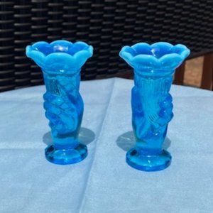 Antique Set of Two Fenton Teal Blue Opalescent Glass Hand Holding Mini Vases or